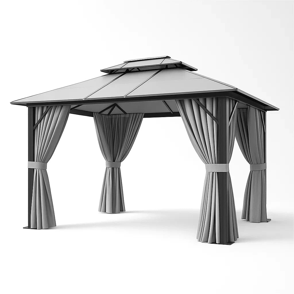 Metall Pavillon mit Stahl Dach und Polyester Vorhängen Grau 3x3m