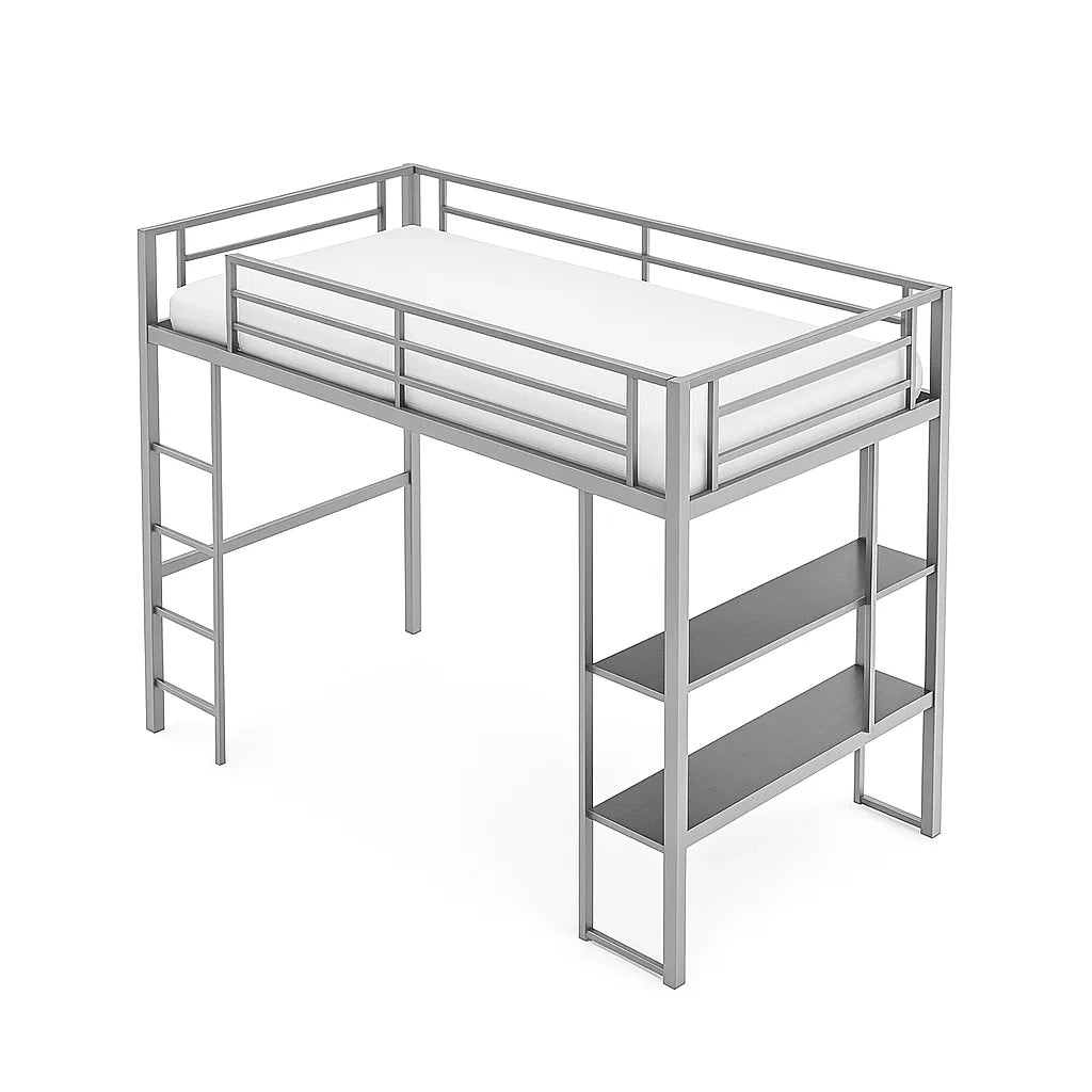 Hochbett aus Metall mit Leiter und Regalen, 200x90 cm, Grau