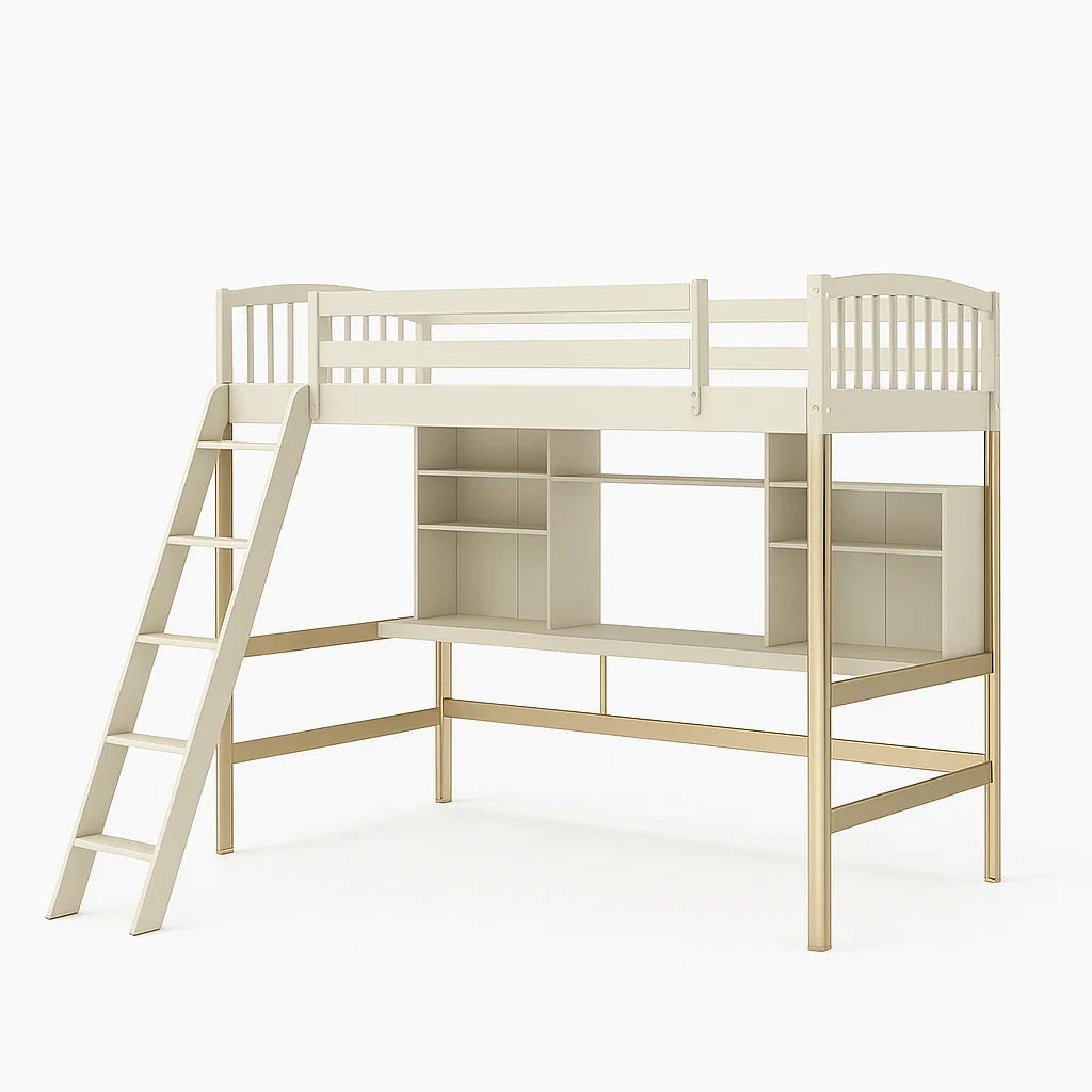 Hochbett Holz Weiß mit Schreibtisch und Regal