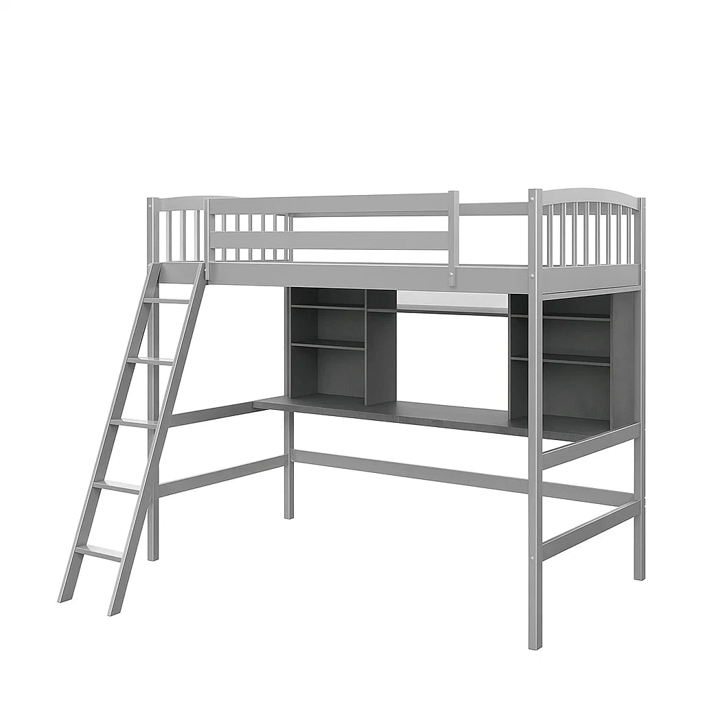 Metall-Hochbett mit Schreibtisch und Regalen Grau