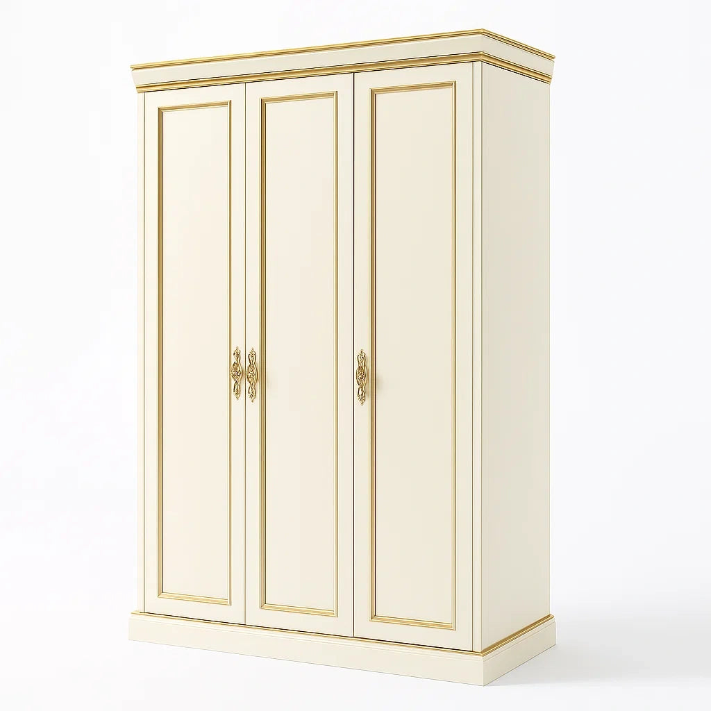 Kleiderschrank Holz mit goldenen Details Creme 3 Türen