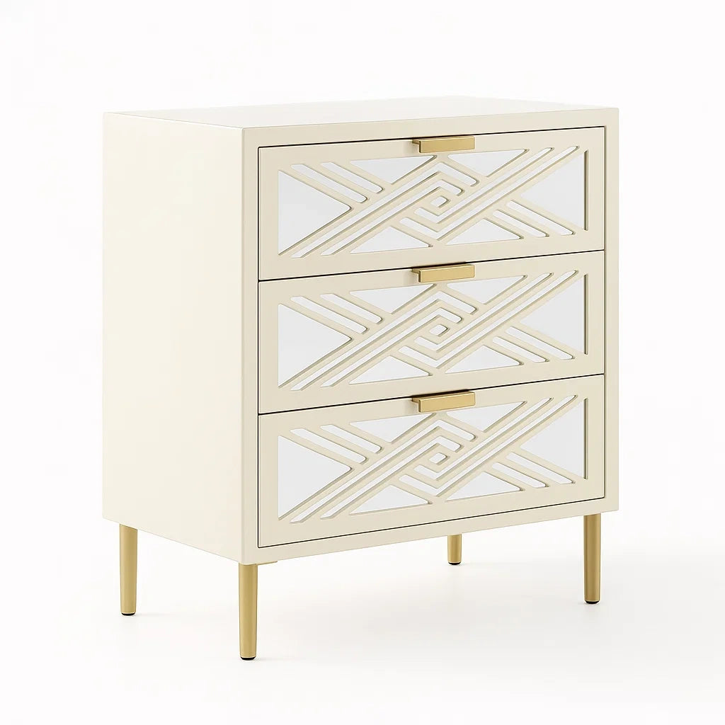 Kommode mit 3 Schubladen aus MDF und Spiegelglas, Beige und Gold