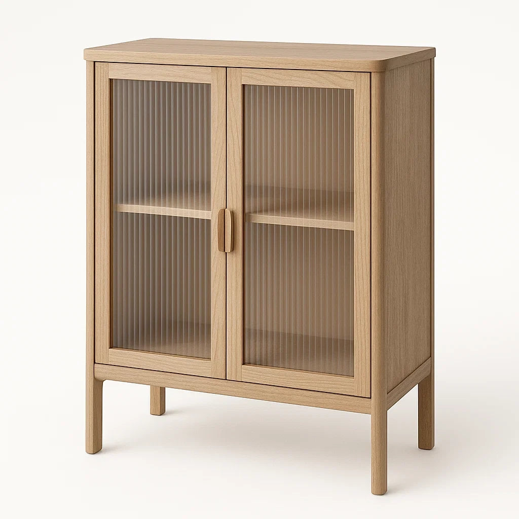 Schrank mit Eichenfurnier und geriffelter Glasfront