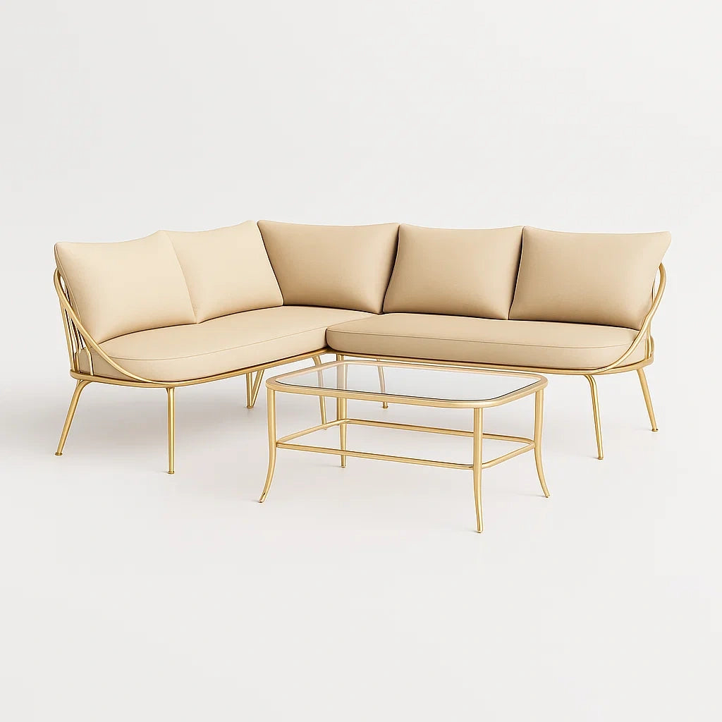 Ecksofa Set mit Tisch Stoff Kissen Aluminiumrahmen Beige