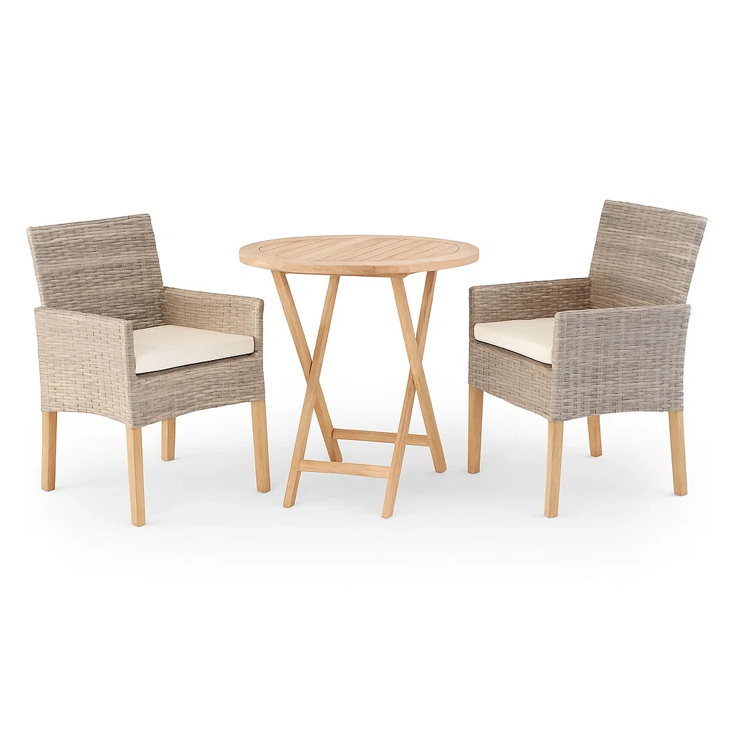 Gartenmöbel Set Akazienholz Tisch mit zwei Rattan Sesseln Beige