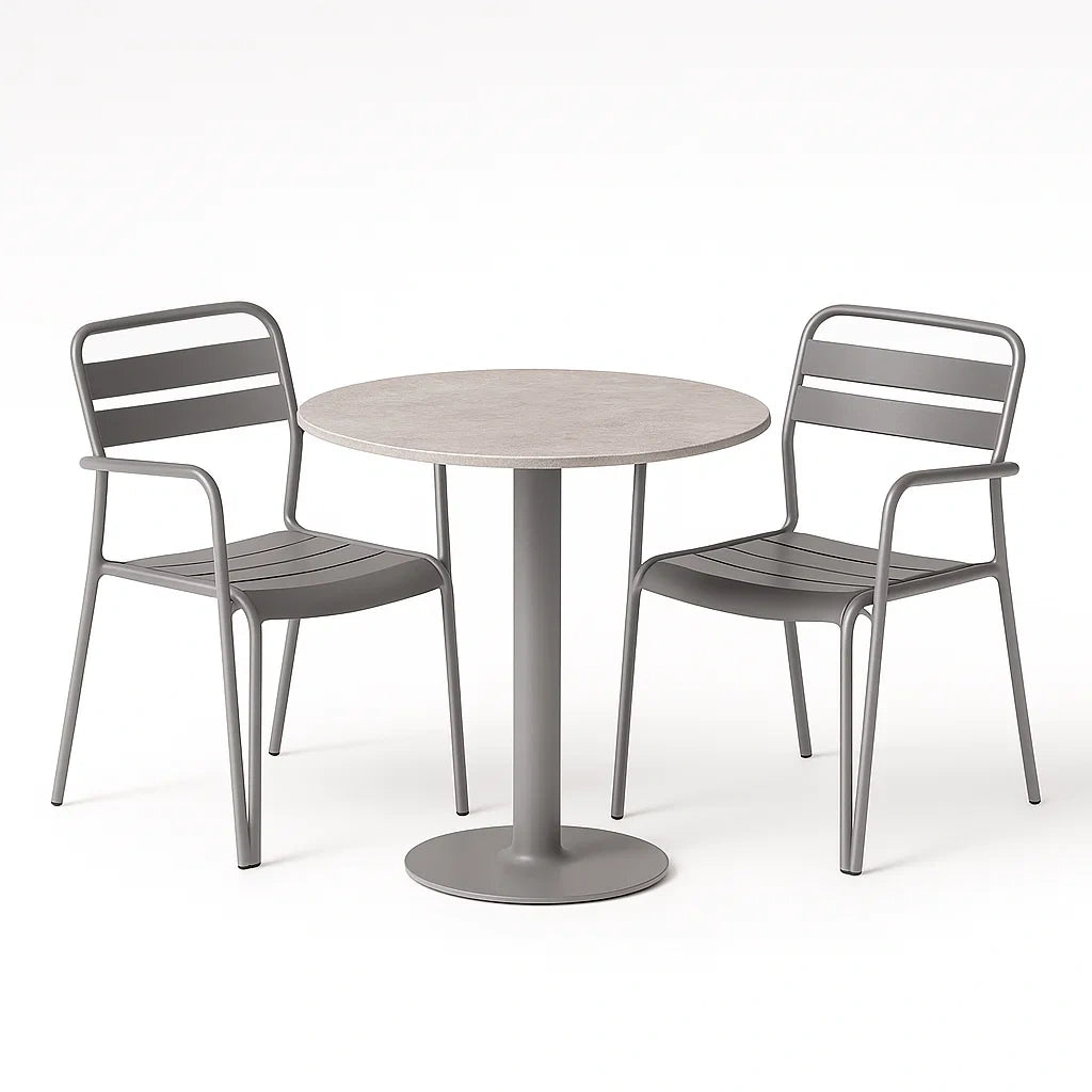 Rundes Bistro-Set aus Stahl und Sperrholz in Grau mit 2 Stühlen