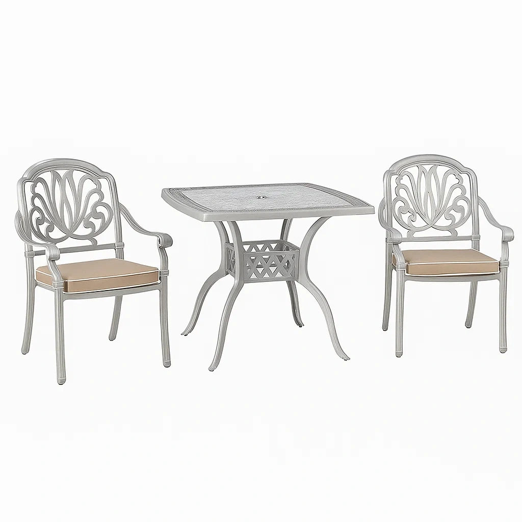 Aluminium Gartenmöbelset in Silber mit Polyester-Kissen in Beige