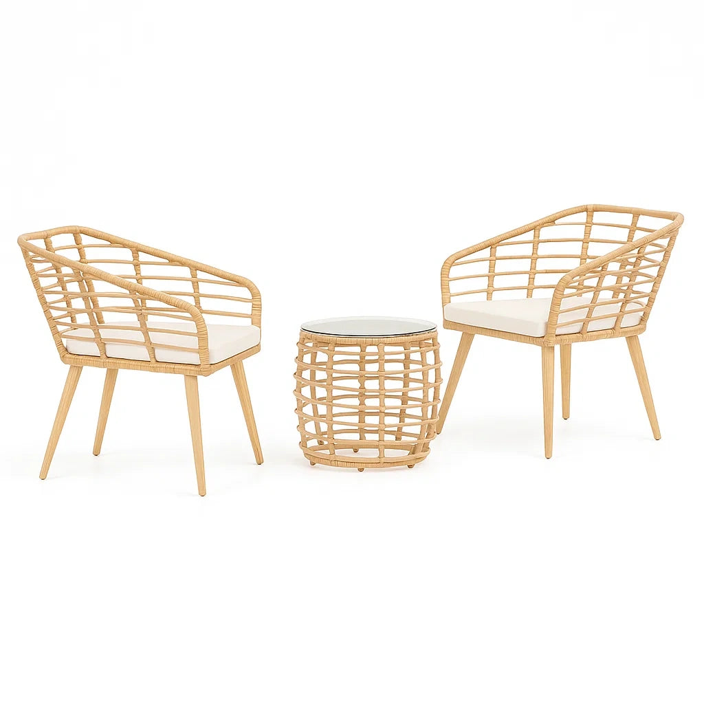 Rattan-Set Sessel und Tisch mit Glasplatte Beige
